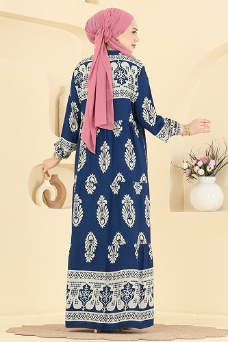 moda selvim Etnik Desen Viskon Elbise 5593ZNNK1102 İndigo - Thumbnail