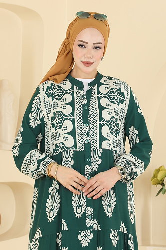 moda selvim Etnik Desen Viskon Elbise 5593ZNNK1102 Zümrüt - Thumbnail