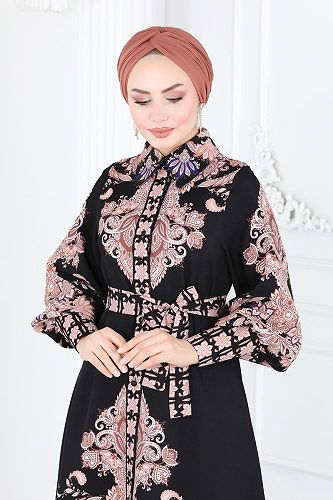 moda selvim Etnik Desenli Atlas Elbise 21719JNF844 Siyah - Thumbnail