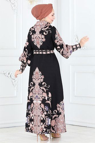 moda selvim Etnik Desenli Atlas Elbise 21719JNF844 Siyah - Thumbnail