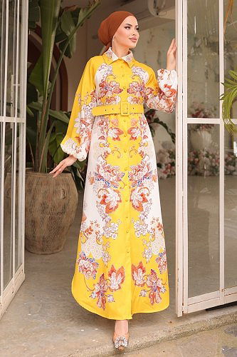 moda selvim Etnik Desenli Atlas Elbise 2418JNF844 Hardal - Thumbnail
