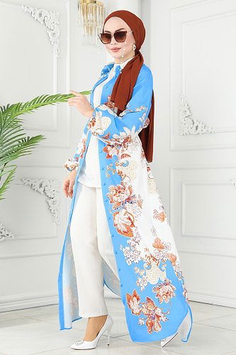 moda selvim Etnik Desenli Atlas Elbise 2418JNF844 Mavi - Thumbnail