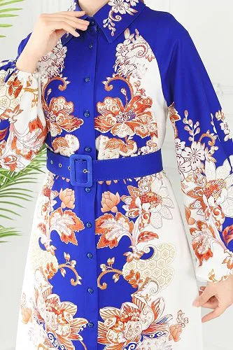 moda selvim Etnik Desenli Atlas Elbise 2418JNF844 Saks - Thumbnail