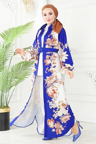 moda selvim Etnik Desenli Atlas Elbise 2418JNF844 Saks - Thumbnail