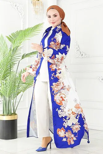 moda selvim Etnik Desenli Atlas Elbise 2418JNF844 Saks - Thumbnail