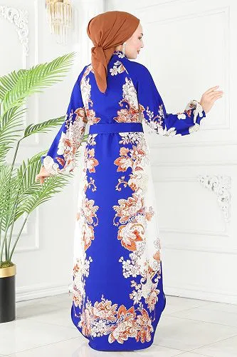 moda selvim Etnik Desenli Atlas Elbise 2418JNF844 Saks - Thumbnail