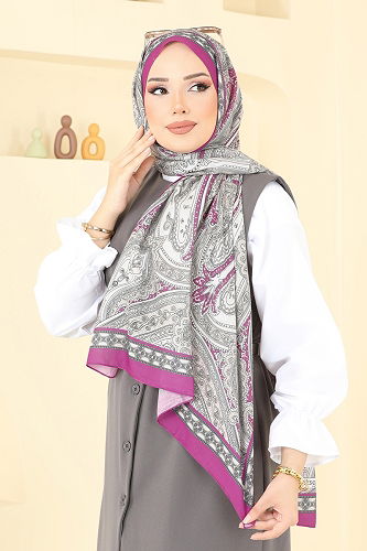 moda selvim Etnik Desenli Şal Serisi 130IPK758 Fuşya&Gri - Thumbnail