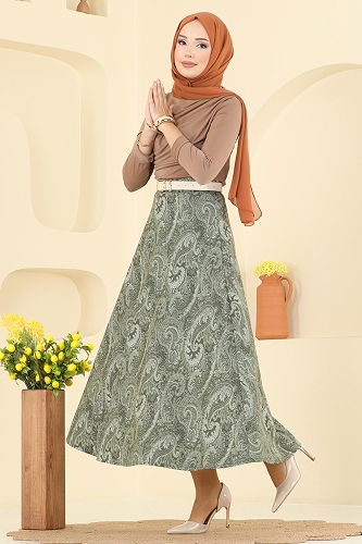 moda selvim Etnik Desenli Scuba Etek 7081TEG847 Haki - Thumbnail