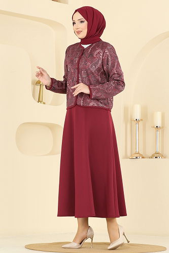 moda selvim Etnik Desenli Scuba Takım 8010TEG847 Bordo - Thumbnail