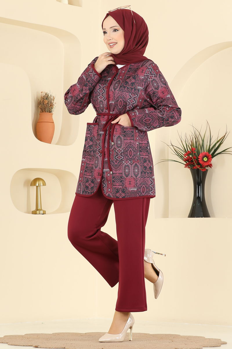 Etnik Desenli Scuba Takım 8019TEG847 Bordo