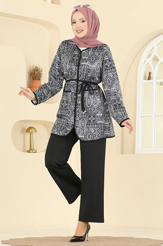 moda selvim Etnik Desenli Scuba Takım 8019TEG847 Siyah - Thumbnail