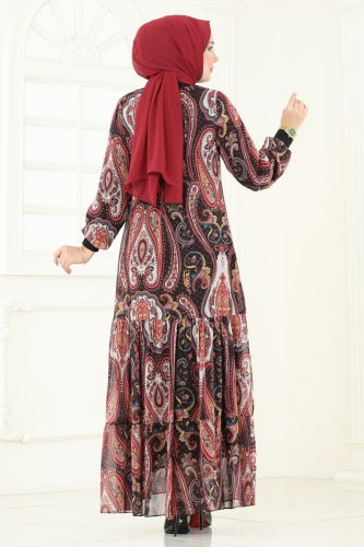 moda selvim Etnik Desenli Şifon Elbise 6071UZ662 Bordo - Thumbnail