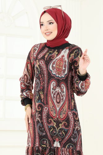 moda selvim Etnik Desenli Şifon Elbise 6071UZ662 Bordo - Thumbnail