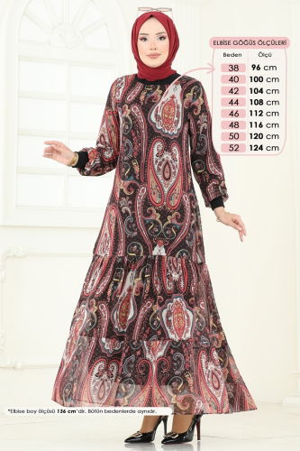 moda selvim Etnik Desenli Şifon Elbise 6071UZ662 Bordo - Thumbnail