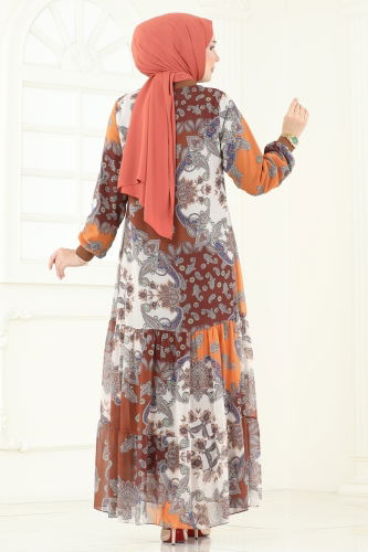 moda selvim Etnik Desenli Şifon Elbise 6071UZ662 Desen 1 Oranj - Thumbnail