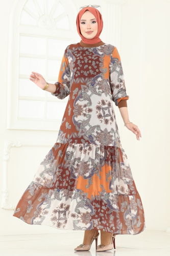 moda selvim Etnik Desenli Şifon Elbise 6071UZ662 Desen 1 Oranj - Thumbnail