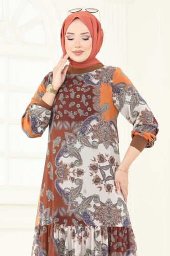 moda selvim Etnik Desenli Şifon Elbise 6071UZ662 Desen 1 Oranj - Thumbnail