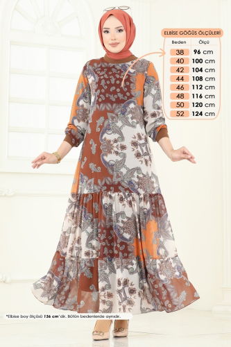 moda selvim Etnik Desenli Şifon Elbise 6071UZ662 Desen 1 Oranj - Thumbnail