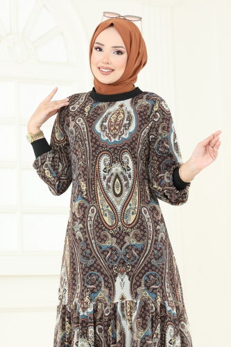 moda selvim Etnik Desenli Şifon Elbise 6071UZ662 Kahve - Thumbnail