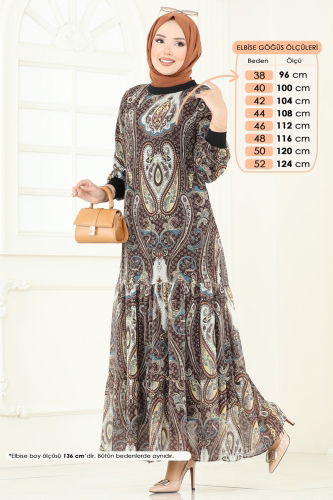 moda selvim Etnik Desenli Şifon Elbise 6071UZ662 Kahve - Thumbnail