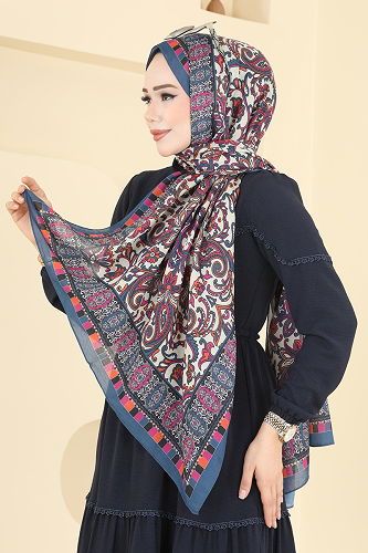 moda selvim Etnik Desenli Soft Şal Serisi 1305AFV475 Mavi&Lila - Thumbnail