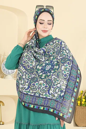 moda selvim Etnik Desenli Soft Şal Serisi 1305AFV475 Siyah&Saks - Thumbnail