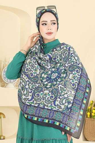 moda selvim Etnik Desenli Soft Şal Serisi 1305AFV475 Siyah&Saks - Thumbnail