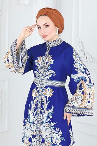 moda selvim Etnik Desenli Tesettür Elbise 2393JNF844 Saks - Thumbnail