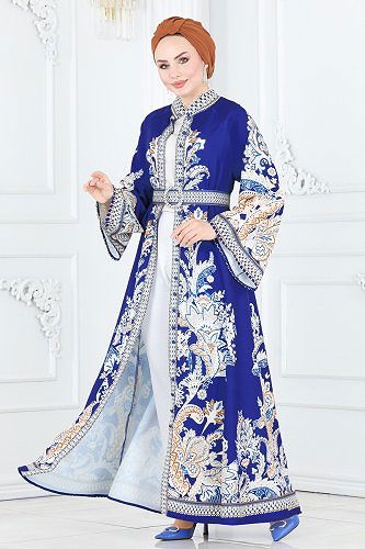 moda selvim Etnik Desenli Tesettür Elbise 2393JNF844 Saks - Thumbnail