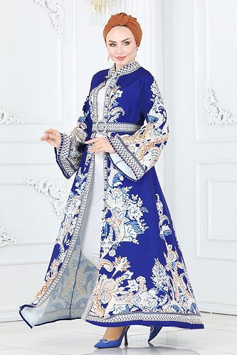 moda selvim Etnik Desenli Tesettür Elbise 2393JNF844 Saks - Thumbnail