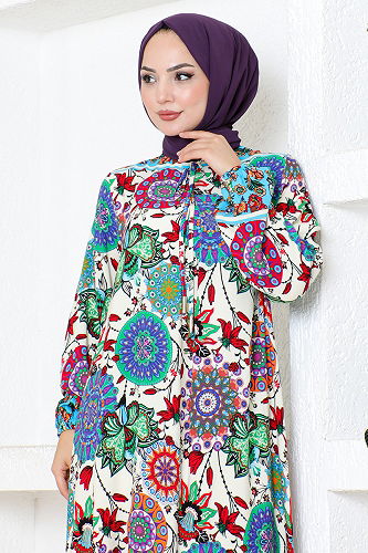 moda selvim Etnik Desenli Viskon Elbise 1919BGS895 Mavi - Thumbnail