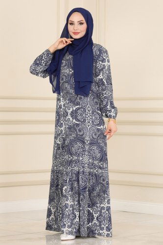 moda selvim Etnik Desenli Viskon Elbise 2433SVT808 İndigo - Thumbnail