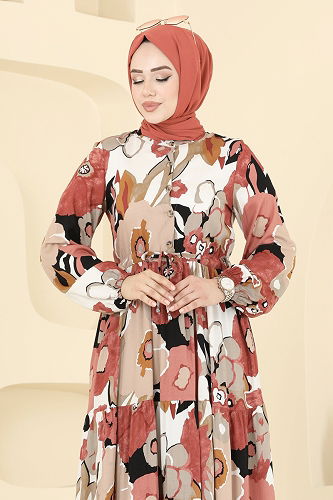 moda selvim Etnik Desenli Viskon Elbise 7129ERK1158 Somon - Thumbnail