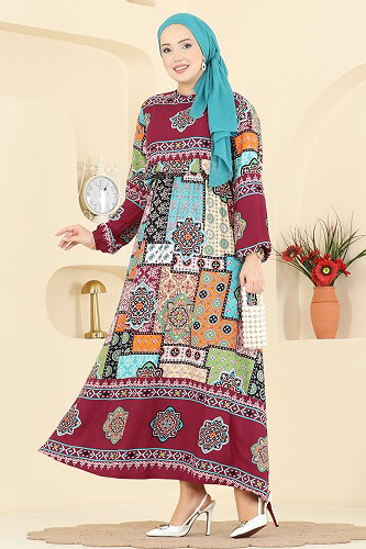 moda selvim Etnik Desenli Viskon Elbise 7165BG354 Bordo - Thumbnail