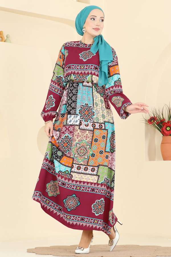 Modaselvim %20+%70 İNDİRİM Etnik Desenli Viskon Elbise 7165BG354 Bordo