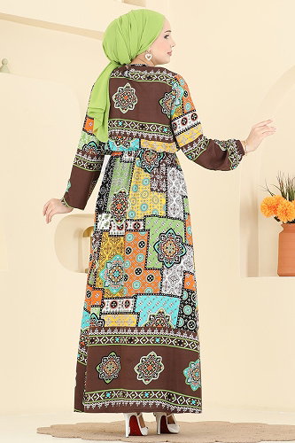 moda selvim Etnik Desenli Viskon Elbise 7165BG354 Kahve - Thumbnail