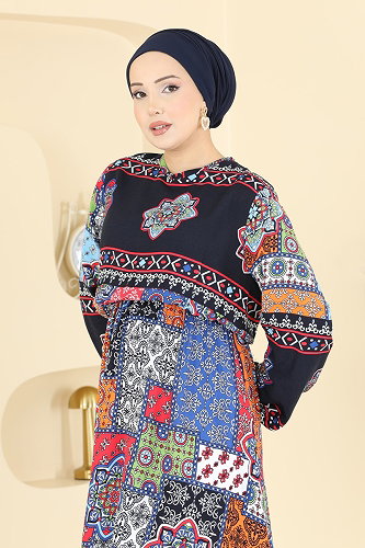 moda selvim Etnik Desenli Viskon Elbise 7165BG354 Laci - Thumbnail