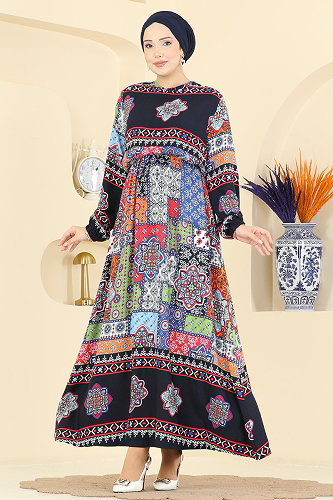 moda selvim Etnik Desenli Viskon Elbise 7165BG354 Laci - Thumbnail