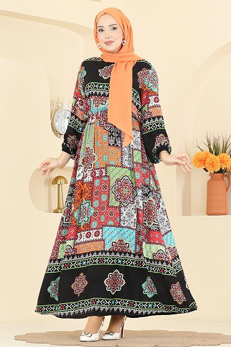 moda selvim Etnik Desenli Viskon Elbise 7165BG354 Siyah - Thumbnail