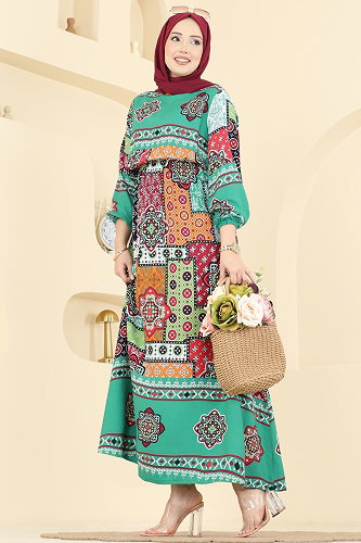 moda selvim Etnik Desenli Viskon Elbise 7165BG354 Yeşil - Thumbnail