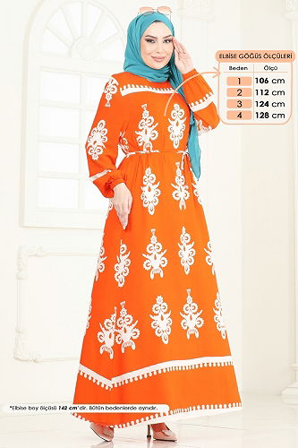 moda selvim Etnik Desenli Viskon Elbise 802OZN1046 Oranj - Thumbnail