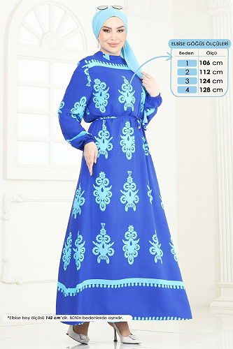 moda selvim Etnik Desenli Viskon Elbise 802OZN1046 Saks - Thumbnail