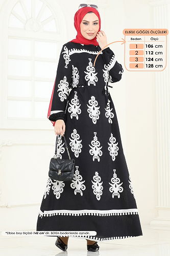 moda selvim Etnik Desenli Viskon Elbise 802OZN1046 Siyah - Thumbnail