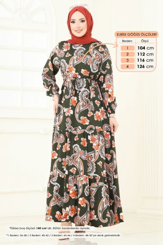 moda selvim Etnik Desenli Viskon Elbise 823OZN1046 Haki - Thumbnail