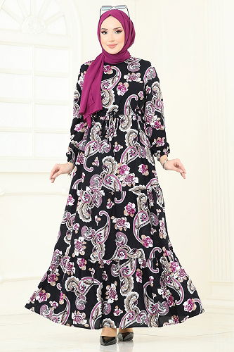 moda selvim Etnik Desenli Viskon Elbise 823OZN1046 Laci - Thumbnail