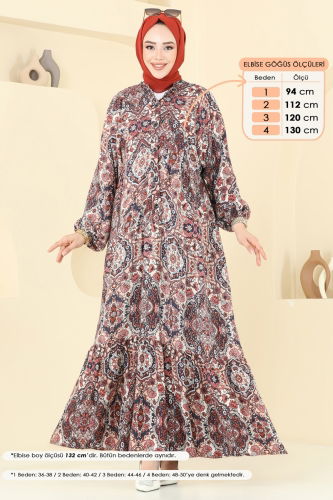 moda selvim Etnik Desenli Viskon Elbise 832OZN1046 Kiremit - Thumbnail
