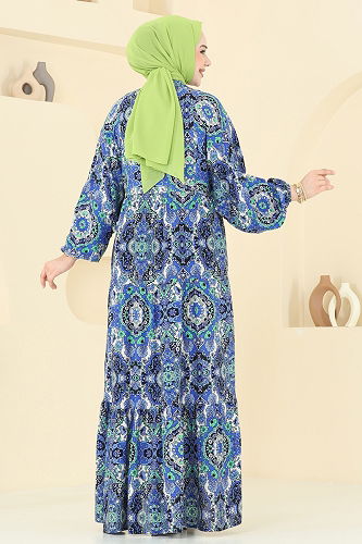 moda selvim Etnik Desenli Viskon Elbise 832OZN1046 Saks - Thumbnail