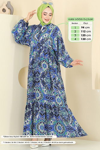 moda selvim Etnik Desenli Viskon Elbise 832OZN1046 Saks - Thumbnail