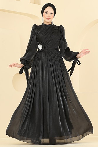 moda selvim فستان سهرة أسود 01244MHR1107 - Thumbnail