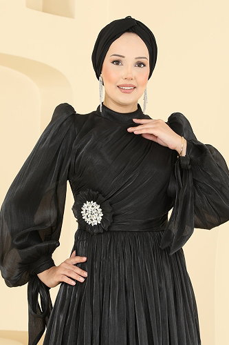 moda selvim فستان سهرة أسود 01244MHR1107 - Thumbnail